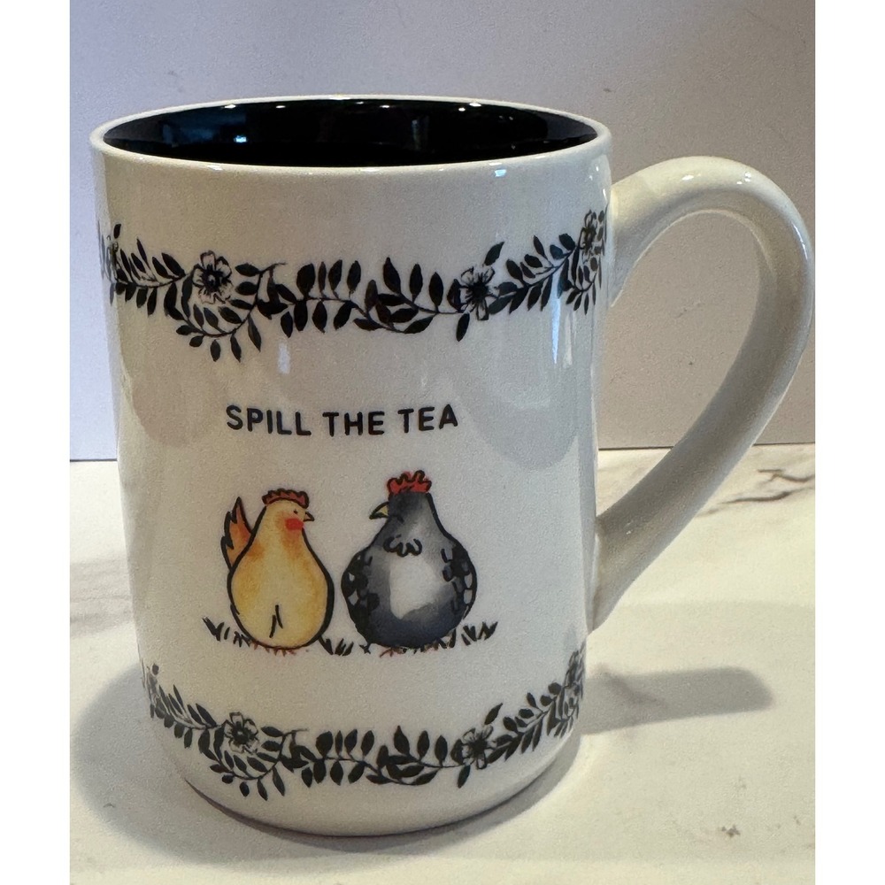 Spill The Tea Chicken Coffee Mug Farmhouse Ceramic Tea Cup Black White